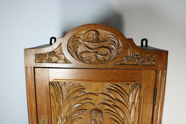 RAre antique French Asclepius god medicine wall cabinet pharmacy wood carved