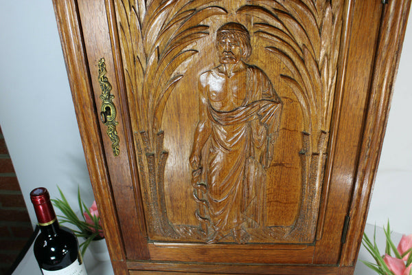 RAre antique French Asclepius god medicine wall cabinet pharmacy wood carved