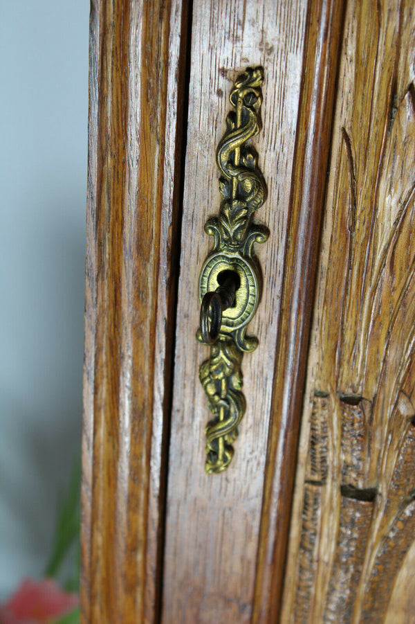 RAre antique French Asclepius god medicine wall cabinet pharmacy wood carved