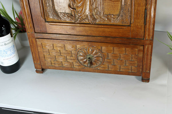 RAre antique French Asclepius god medicine wall cabinet pharmacy wood carved