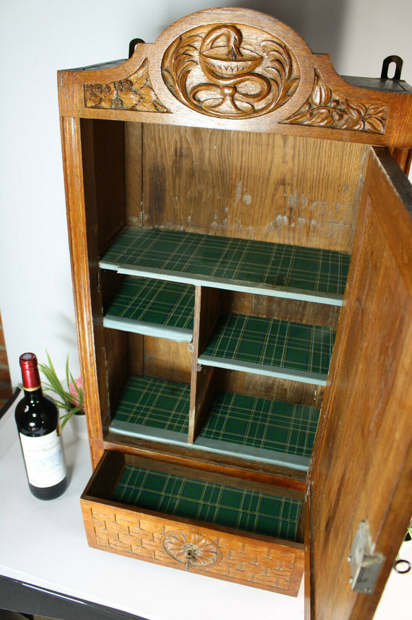 RAre antique French Asclepius god medicine wall cabinet pharmacy wood carved