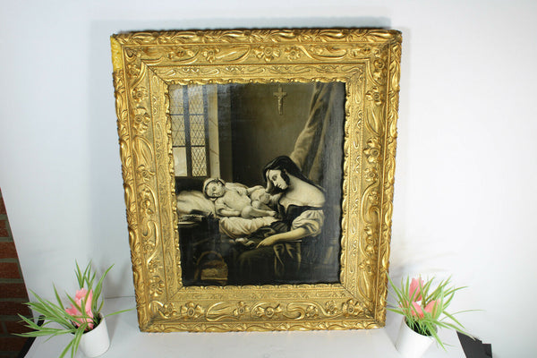 Antique French grisaille painting panel mother sick child religious items Rare