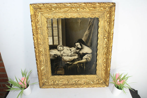 Antique French grisaille painting panel mother sick child religious items Rare