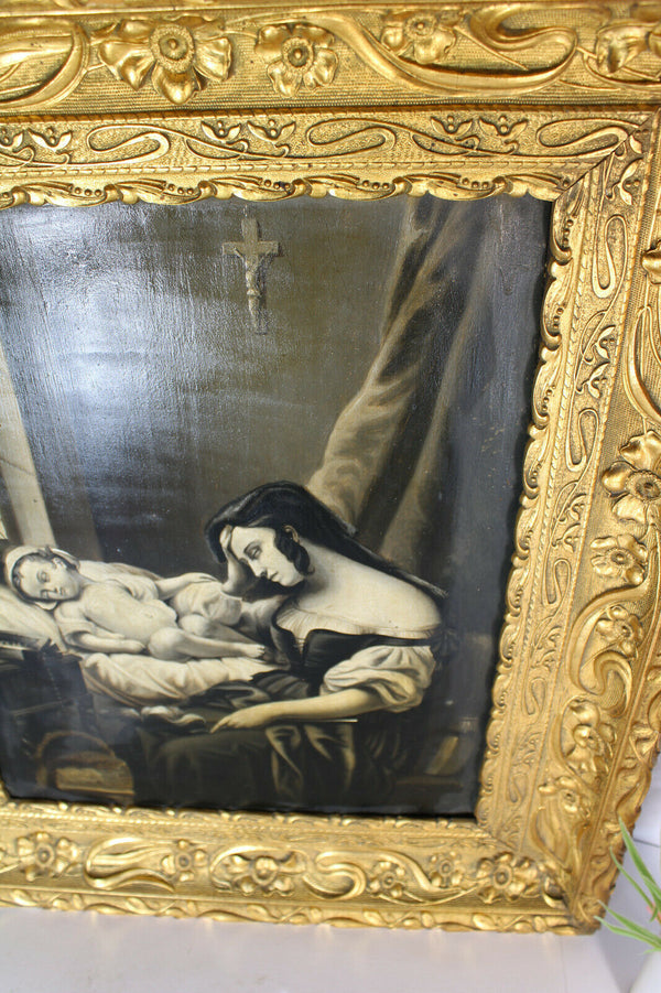 Antique French grisaille painting panel mother sick child religious items Rare