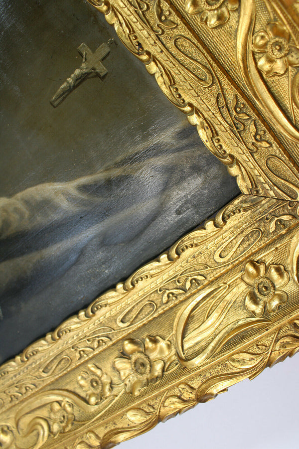 Antique French grisaille painting panel mother sick child religious items Rare