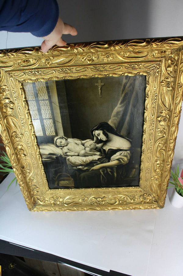 Antique French grisaille painting panel mother sick child religious items Rare