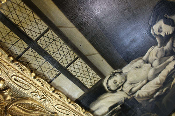 Antique French grisaille painting panel mother sick child religious items Rare