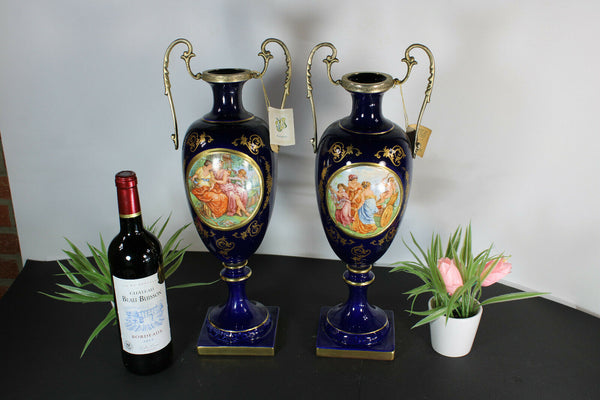 pair italian cobalt blue porcelain victorian scene vases