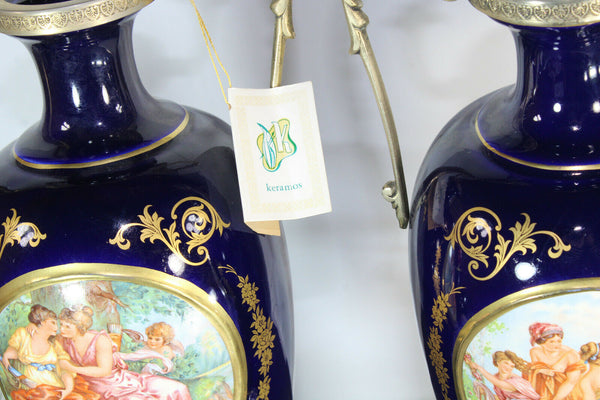 pair italian cobalt blue porcelain victorian scene vases