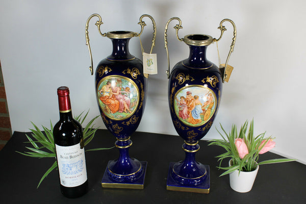 pair italian cobalt blue porcelain victorian scene vases