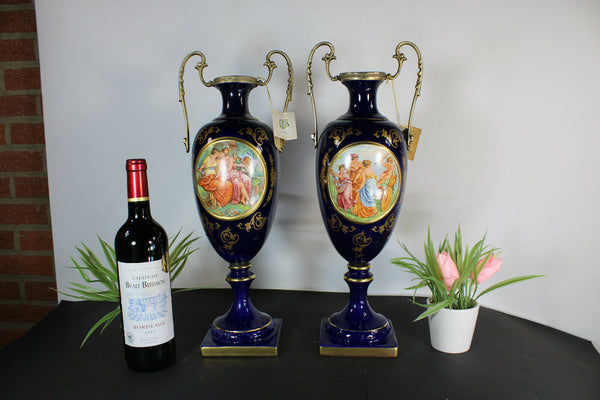 pair italian cobalt blue porcelain victorian scene vases