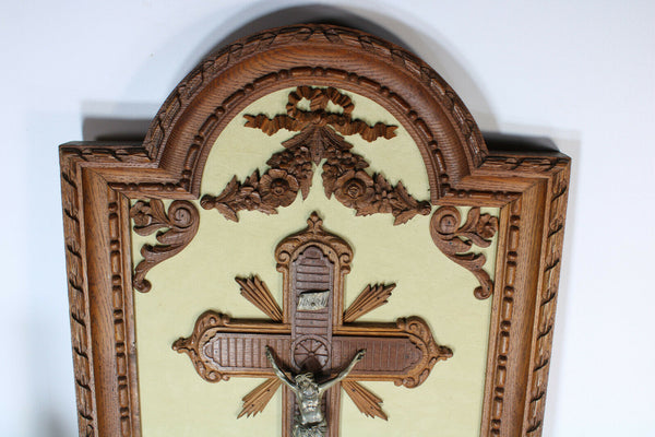 Antique xl French wood carved crucifix panel putti angel Rare religious