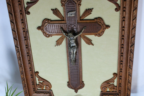 Antique xl French wood carved crucifix panel putti angel Rare religious