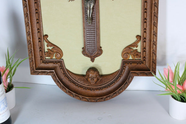 Antique xl French wood carved crucifix panel putti angel Rare religious