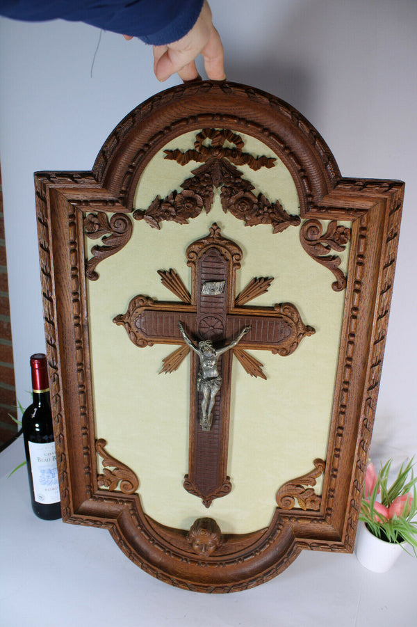 Antique xl French wood carved crucifix panel putti angel Rare religious