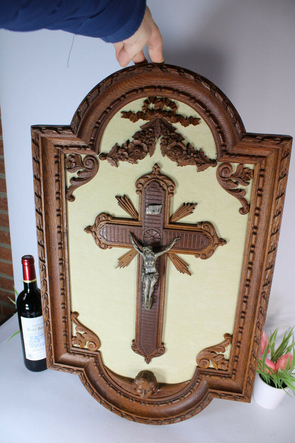 Antique xl French wood carved crucifix panel putti angel Rare religious