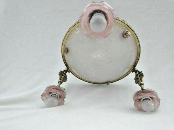 French brass pink glass shade inverted dome butterfly pattern chandelier rare