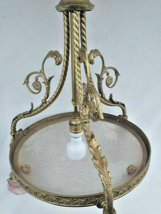 French brass pink glass shade inverted dome butterfly pattern chandelier rare