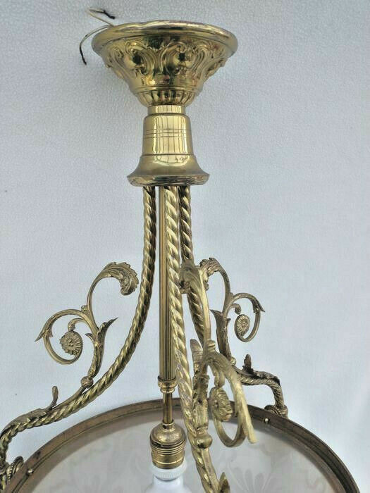 French brass pink glass shade inverted dome butterfly pattern chandelier rare