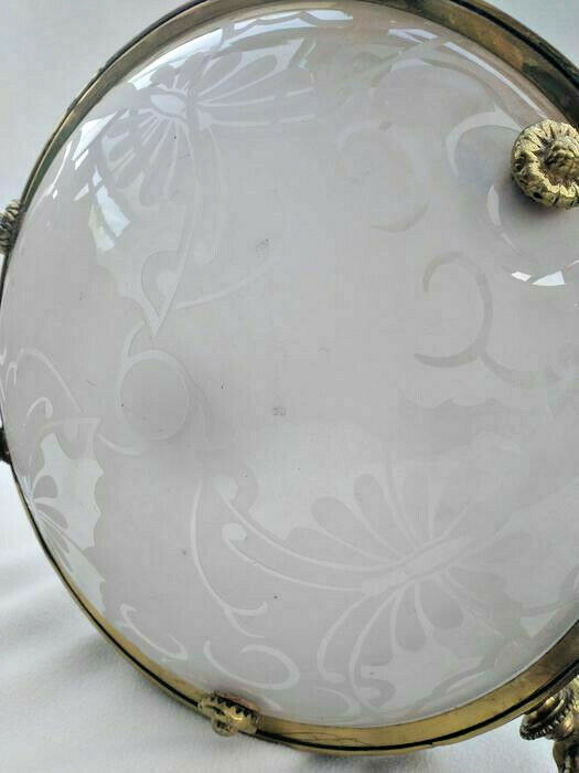 French brass pink glass shade inverted dome butterfly pattern chandelier rare