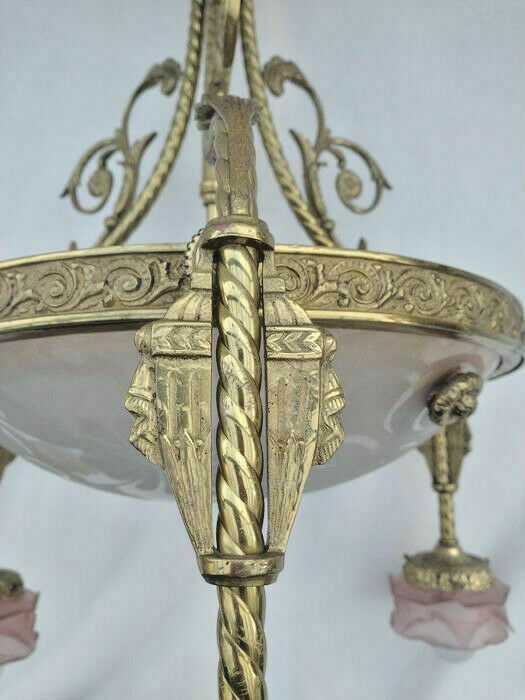 French brass pink glass shade inverted dome butterfly pattern chandelier rare