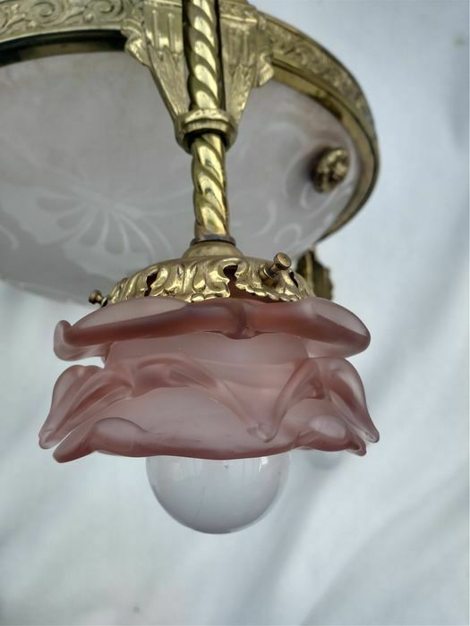 French brass pink glass shade inverted dome butterfly pattern chandelier rare