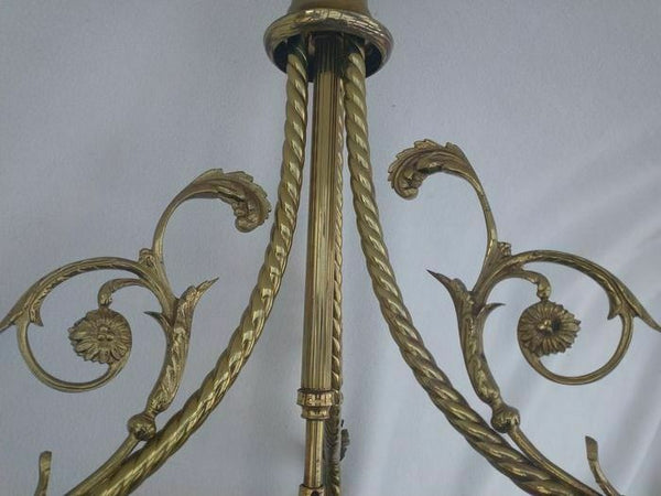 French brass pink glass shade inverted dome butterfly pattern chandelier rare