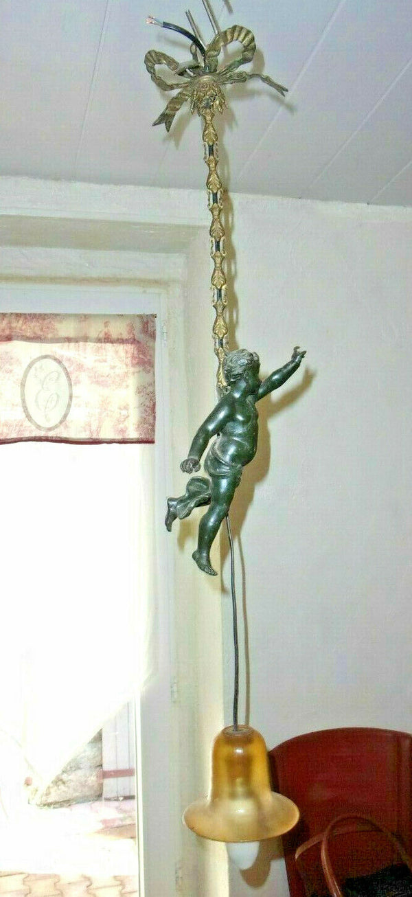 Antique French zamac angel putti cherub pendant lamp chandelier glass tulip