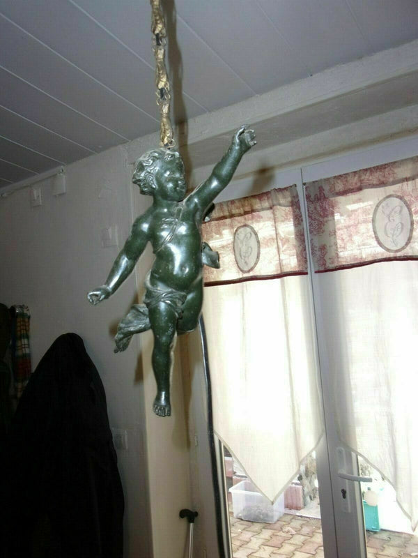 Antique French zamac angel putti cherub pendant lamp chandelier glass tulip