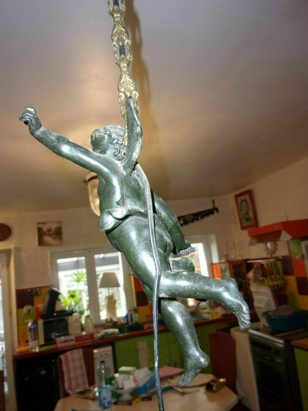 Antique French zamac angel putti cherub pendant lamp chandelier glass tulip