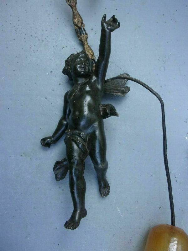 Antique French zamac angel putti cherub pendant lamp chandelier glass tulip