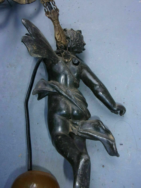 Antique French zamac angel putti cherub pendant lamp chandelier glass tulip