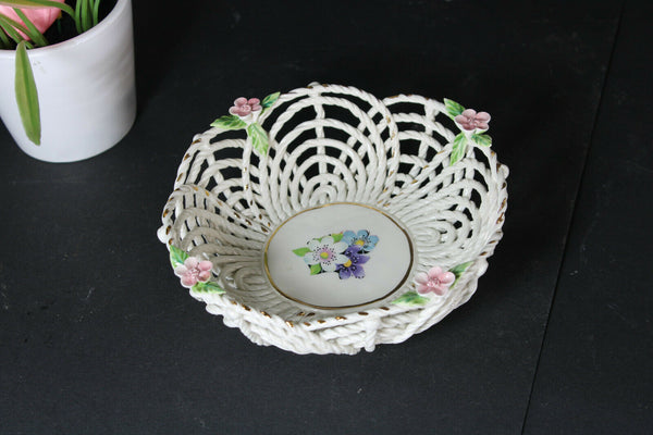 cute small spanish porcelain hand made floral basket statue