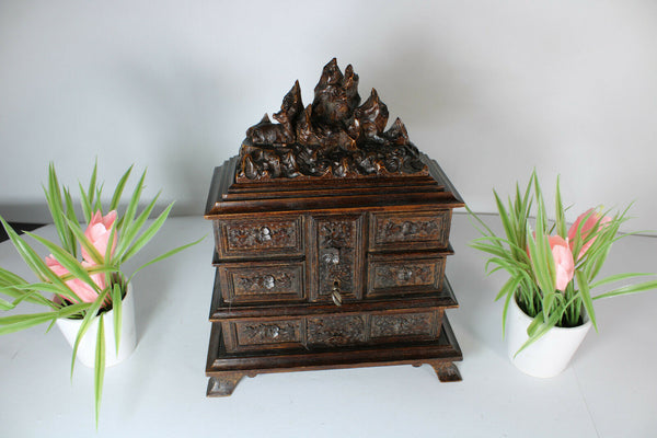 Antique black forest wood carved Deer animal jewelry box  rare velvet