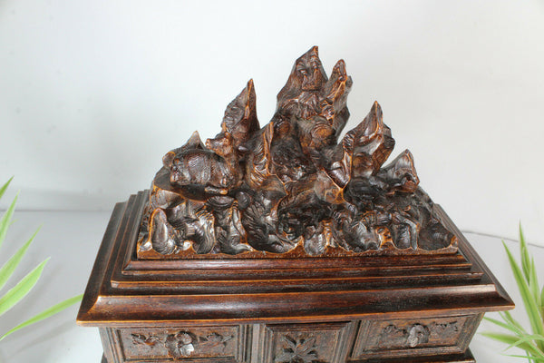 Antique black forest wood carved Deer animal jewelry box  rare velvet