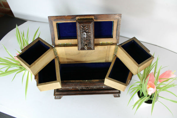 Antique black forest wood carved Deer animal jewelry box  rare velvet