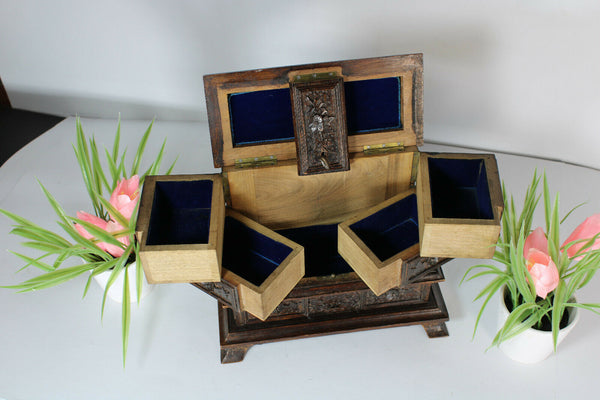 Antique black forest wood carved Deer animal jewelry box  rare velvet