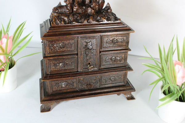 Antique black forest wood carved Deer animal jewelry box  rare velvet