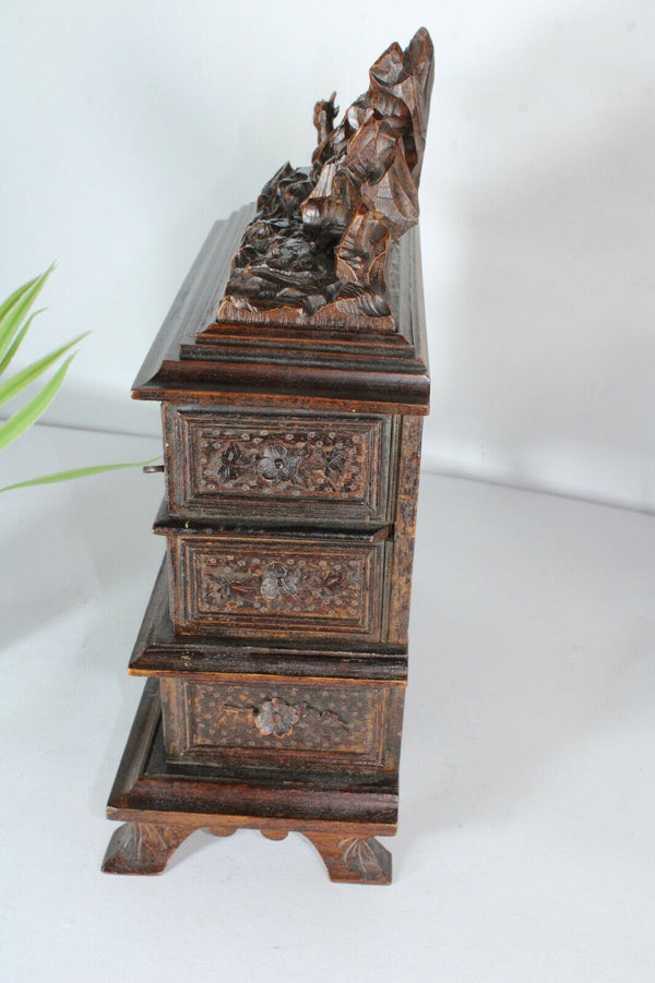 Antique black forest wood carved Deer animal jewelry box  rare velvet