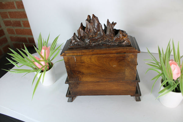 Antique black forest wood carved Deer animal jewelry box  rare velvet