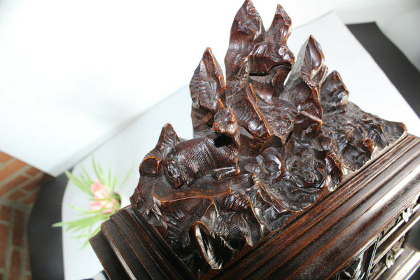 Antique black forest wood carved Deer animal jewelry box  rare velvet