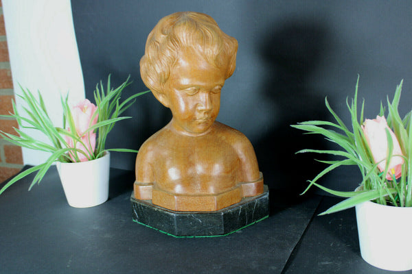 Flemish wood carved cherub putti buste sculpture statue marble base signed
