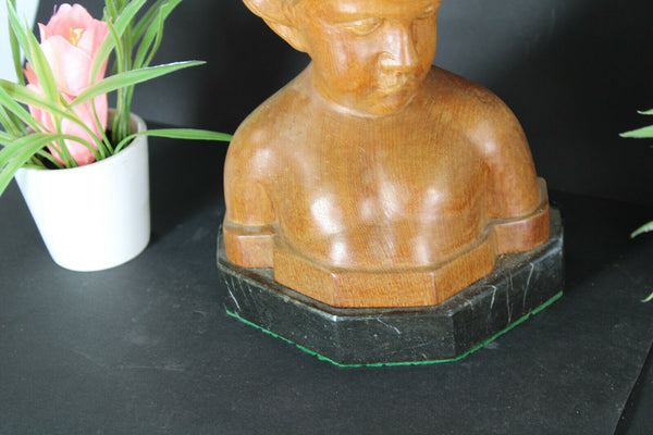 Flemish wood carved cherub putti buste sculpture statue marble base signed