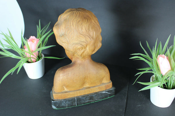 Flemish wood carved cherub putti buste sculpture statue marble base signed