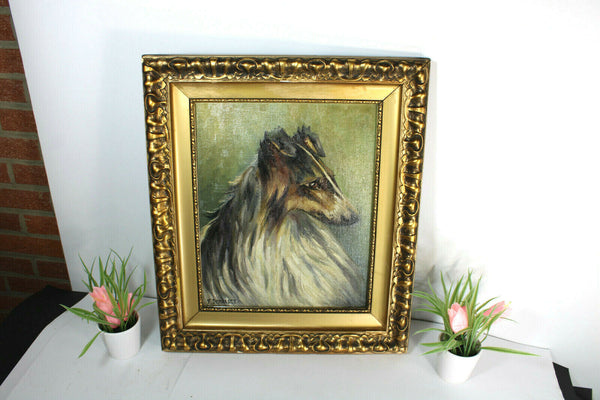 Vintage flemish oil painting sheltie dog