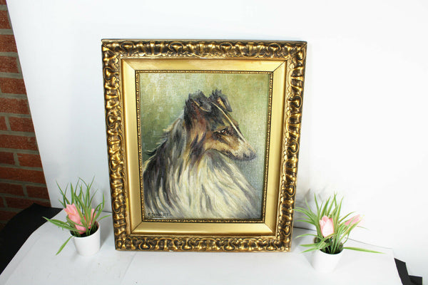 Vintage flemish oil painting sheltie dog