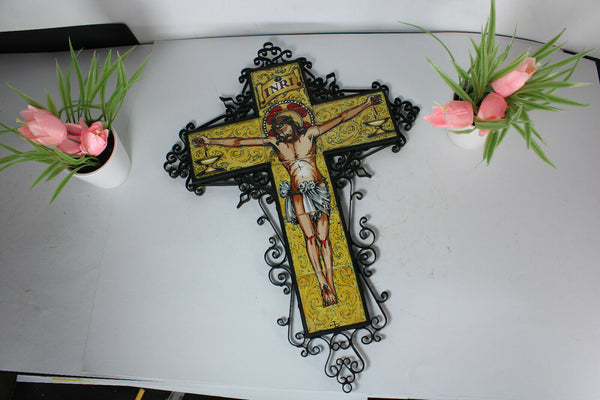 Vintage spanish ceramic tile cast iron jesus crucifix Wall plaque religious