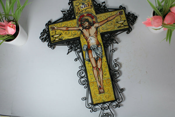 Vintage spanish ceramic tile cast iron jesus crucifix Wall plaque religious
