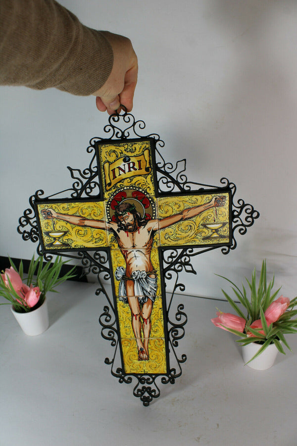 Vintage spanish ceramic tile cast iron jesus crucifix Wall plaque religious