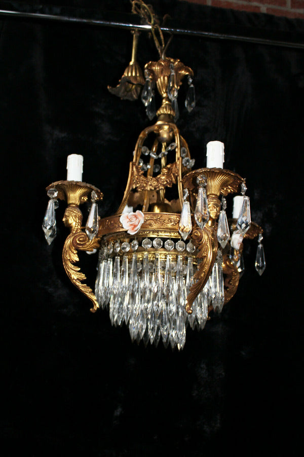 Rare French Brass porcelain flowers glass Caryatid figural chandelier lamp